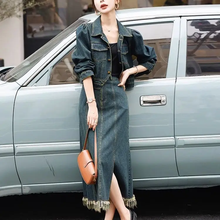 Autumn Vintage Single Breasted Short Denim Jacket and High Waist Split Skirts Two Piece Set Fashion Elegant Outfits for Women