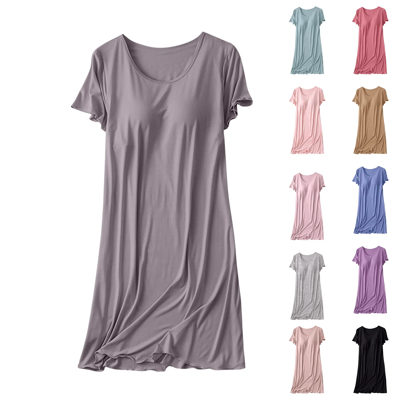 

Summer Nightdress Women With Chest Pad Short Sleeve Roud Neck Home Casual Comfort Dress Loose Thin Beach Vacation Dress ﻿