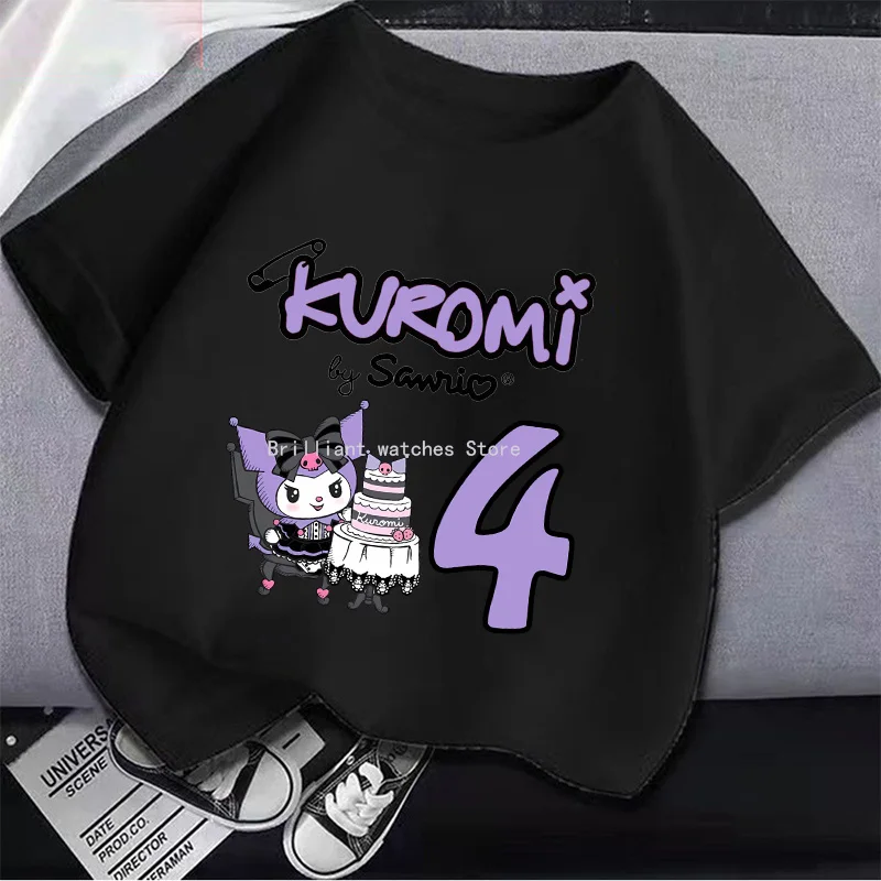 Kuromi New T-shirt for Children Sanrio Cartoon Figure Black White T-shirt Cute Cotton Short Sleeve Boy Girl Loose Clothing Gift