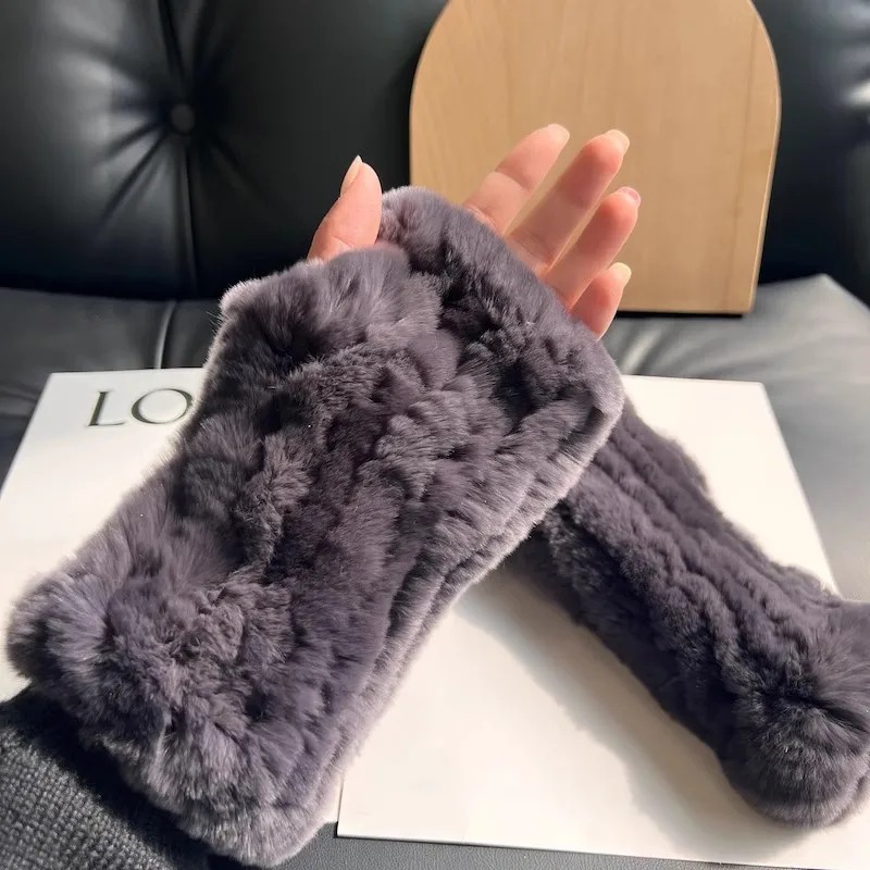 Natural Fur Leather Women's Winter Knitted Fur Glove Female Fashion Genuine Thicken Warm Medium Long Driving Glove R158