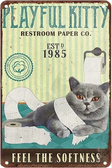 Vintage Metal Tin Signs British Shorthair Cat Feel The Softness Rustic Country Farmhouse Chic Bathroom Metal Sign Shabby Wall De