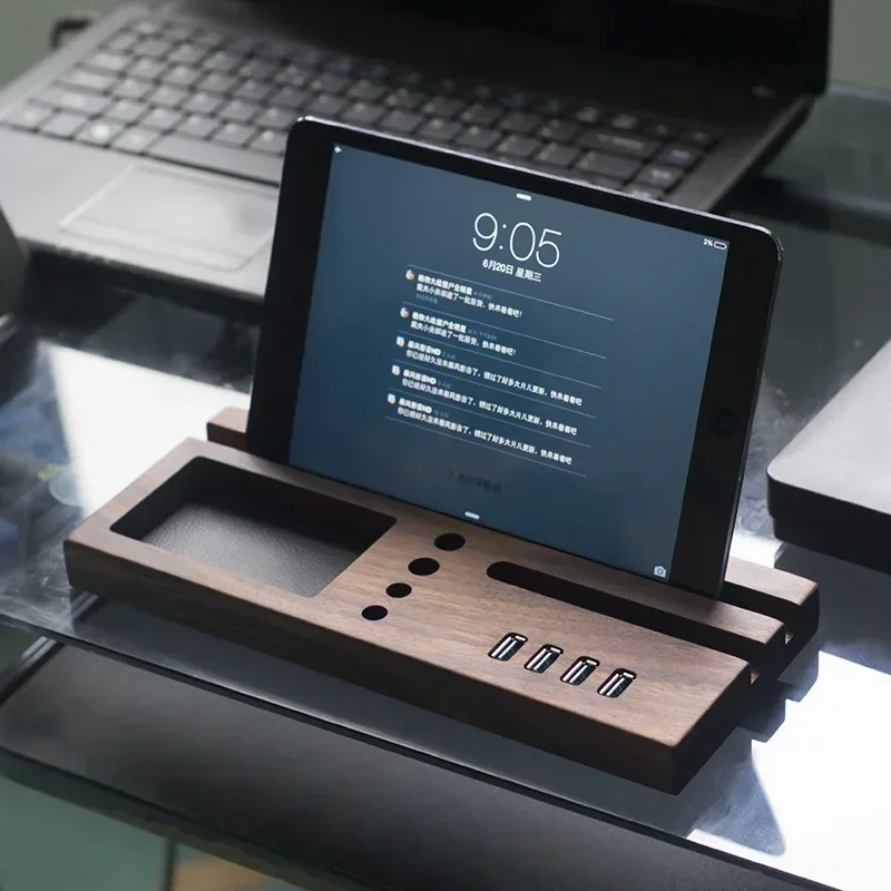 

Walnut USB Hub with Charging Stand Desktop Splitter Bracket Tablet & Phone Holder Integrated Organizer with Storage Tray