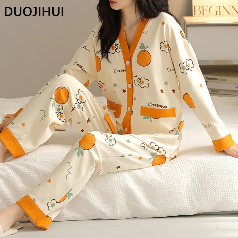 DUOJIHUI V-neck Cardigan Basic Pant Casual Pajamas for Women Chic with Chest Pad Fashion Printed Simple Loose Female Pajamas Set