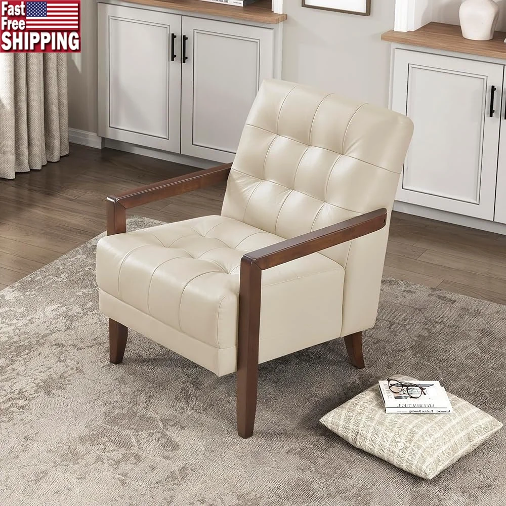 

Modern Accent Chair Genuine Leather Upholstered Foam Cushioned Seat Sturdy Wood Frame Comfortable Lounge Furniture