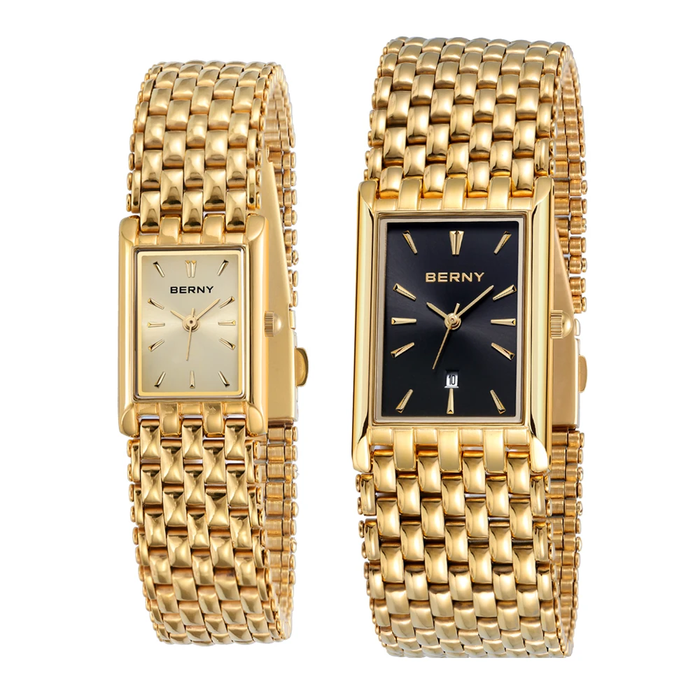 Reloj BERNY dorado para pareja, reloj de pulsera de lujo para mujer/hombre, reloj dorado resistente al agua, reloj de cuarzo de acero inoxidable a