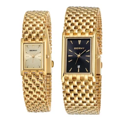 Reloj BERNY dorado para pareja, reloj de pulsera de lujo para mujer/hombre, reloj dorado resistente al agua, reloj de cuarzo de acero inoxidable a la moda para hombre y mujer