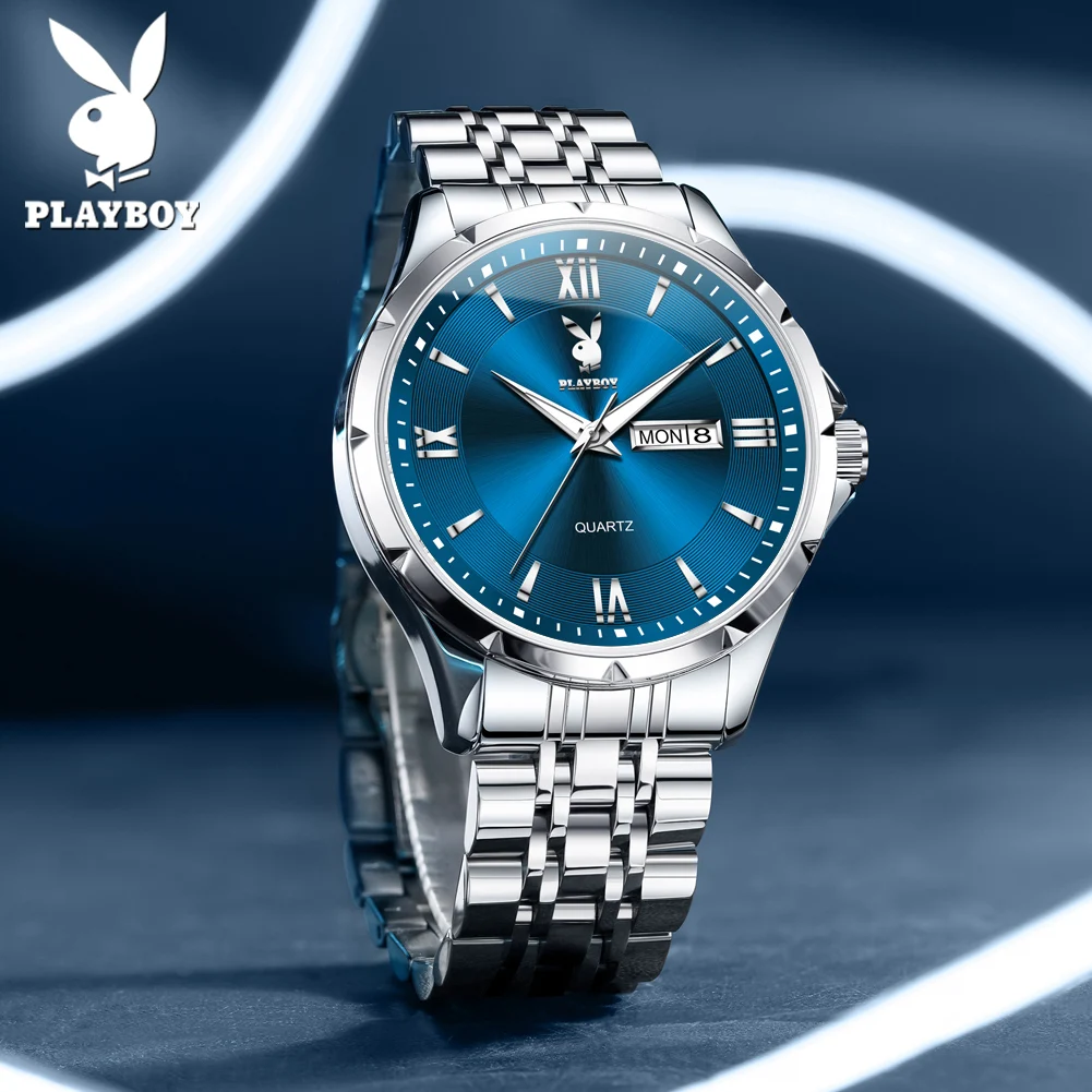 PLAYBOY 3095 Fashion Brand Quartz Movement Watch For Men Month Calendar Display Night Light Function 30m Waterproof Watch
