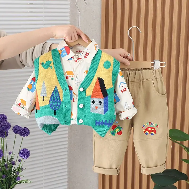 Spring and Autumn Children\'s Clothing Set New Boys and Baby Handsome Shirts Vest Pants Three Piece Set Kids Outfits