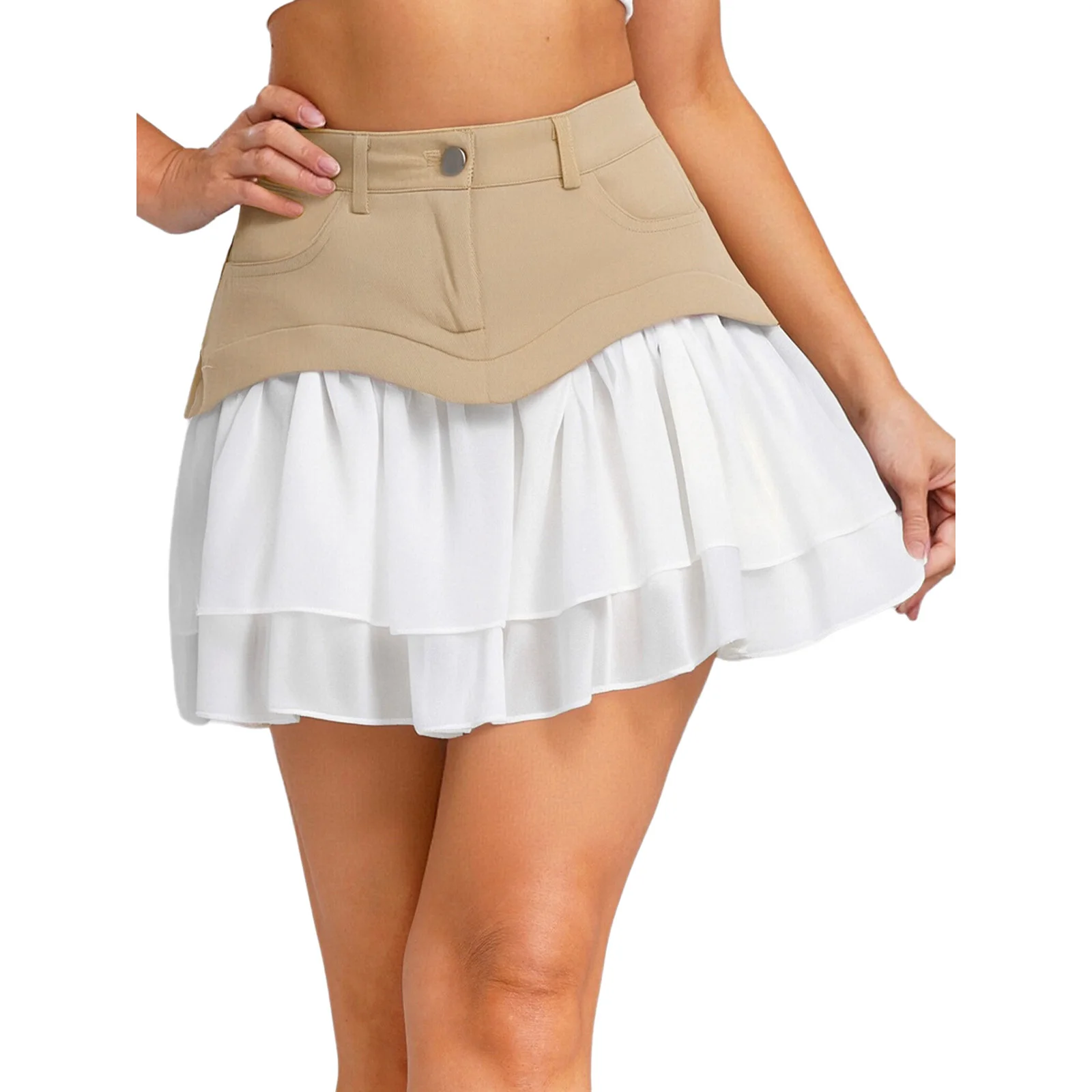 Femmes élégantes Mini jupe 2 couches plissée en mousseline de soie Patchwork jupe pour les vacances décontractées quotidiennes écolière jeune Mini jupes