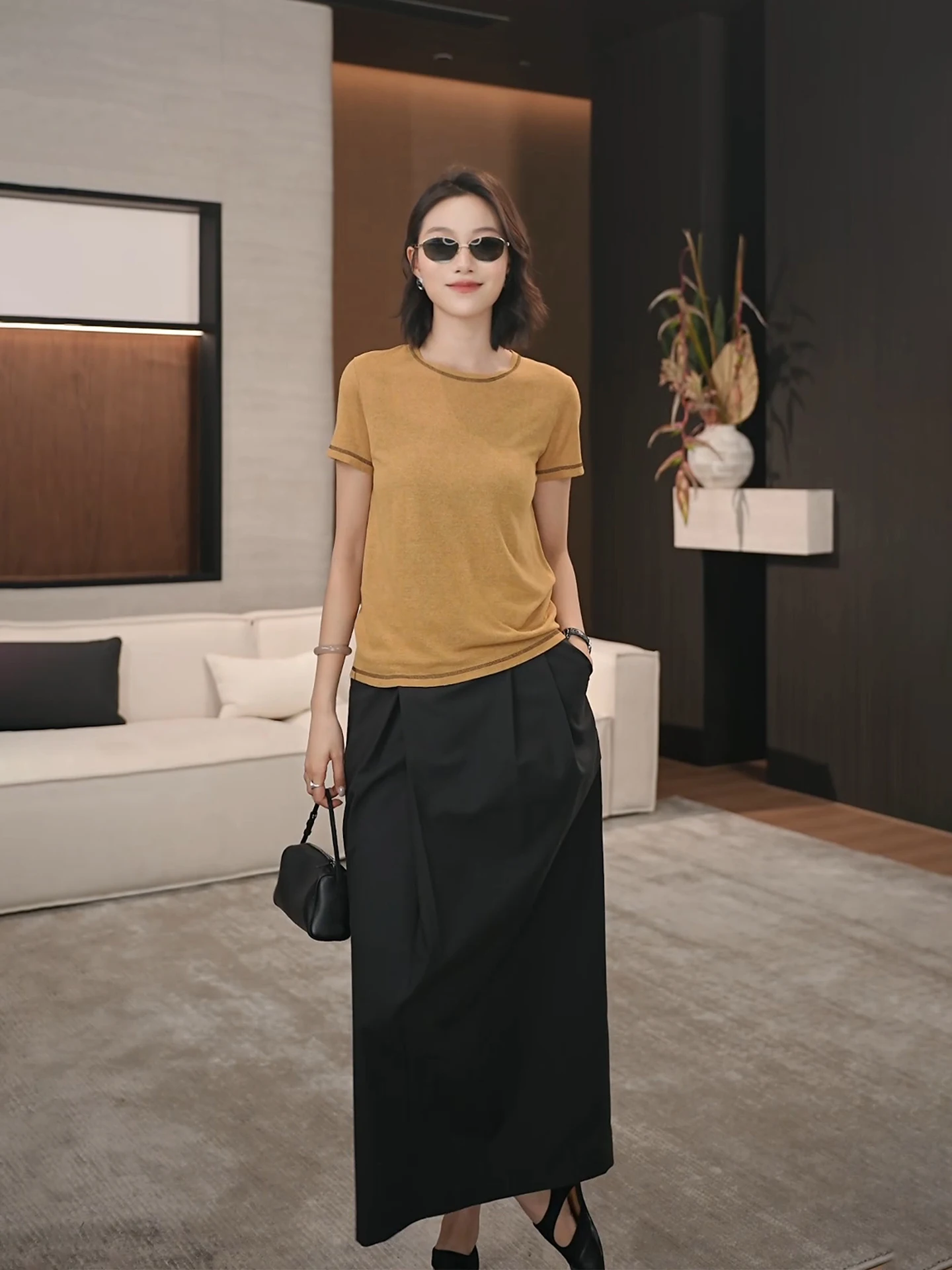 

Черная хлопково-льняная юбка миди в деловом стиле, женская, с завышенной талией, А-силуэт, дышащая, комфортная, летняя, новый дизайн