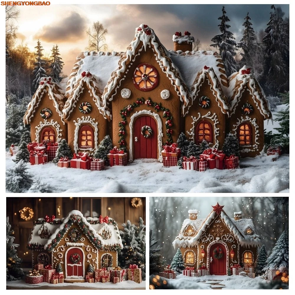 

Christmas Little House Backdrop Gifts Xmas Trees Winter Baby Kids Birthday Family Party Photography Background Decor Banner