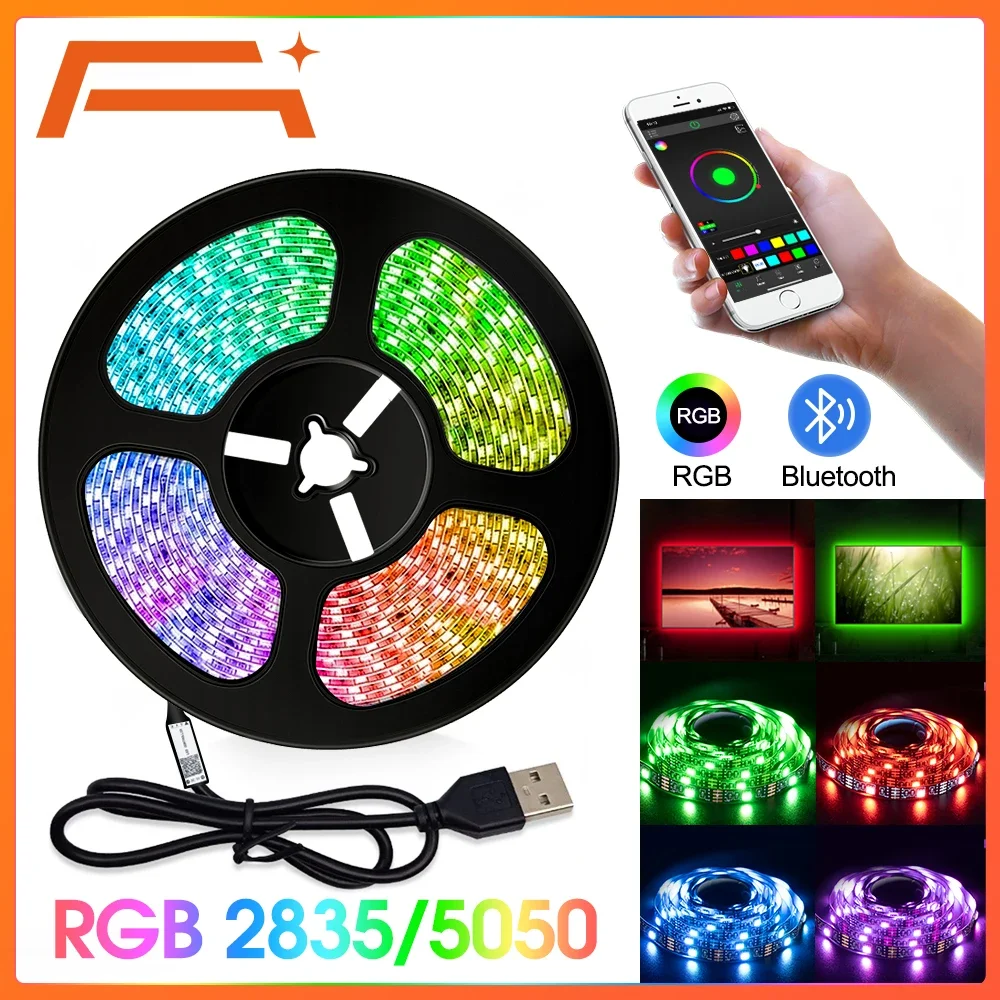 Lampu setrip LED RGB 5V USB 5050, lampu setrip LED kontrol aplikasi Bluetooth, lampu belakang TV LED, setrip LED warna-warni untuk dekorasi kamar