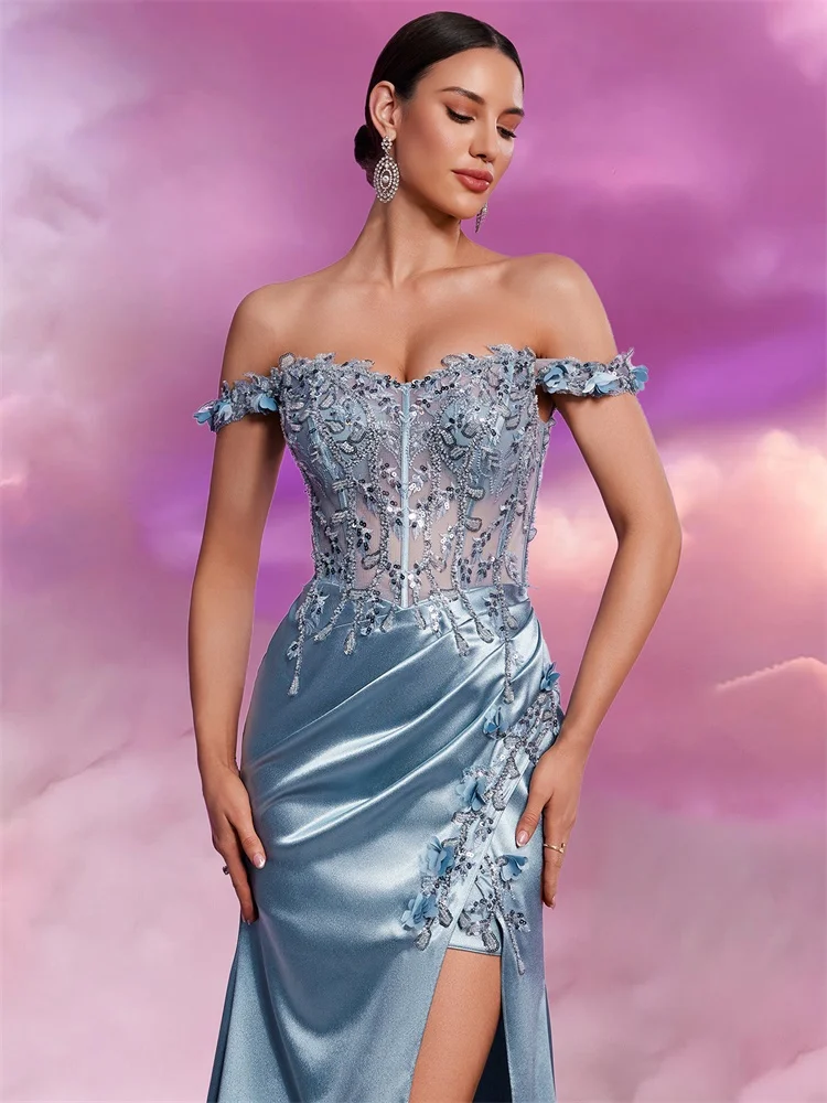 Lucyinlove-女性のフィッシュテールロングイブニングドレス、セクシーなチューブトップ、スパンコールブルー、フィッシュボーンフラワースプリットガウン、カクテルパーティー、エレガント、ラグジュアリー