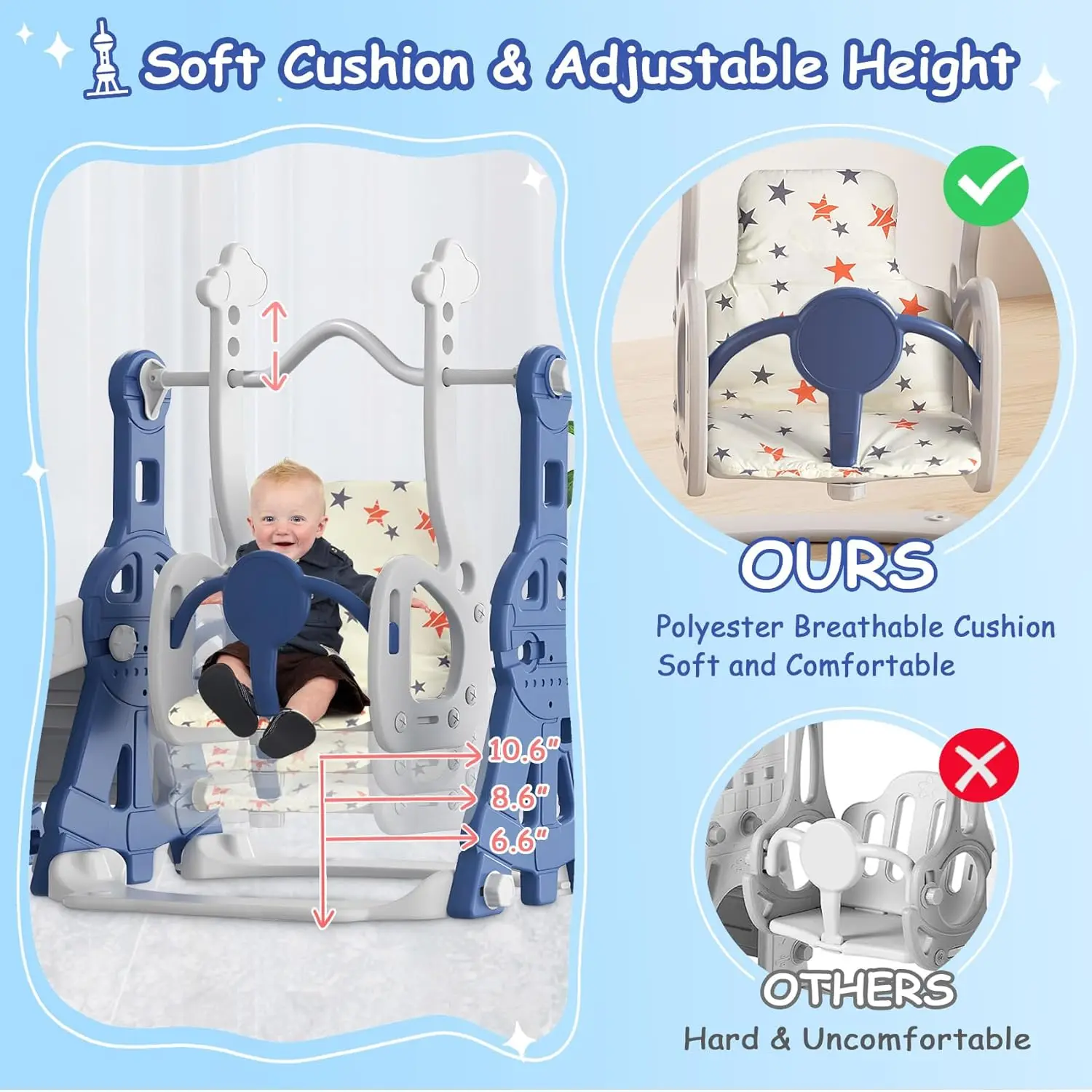 Set scivolo e altalena per bambini 4 in 1, scivolo per bambini di età 1-2 anni, con canestro da basket, set da gioco per bambini per interni ed esterni blu
