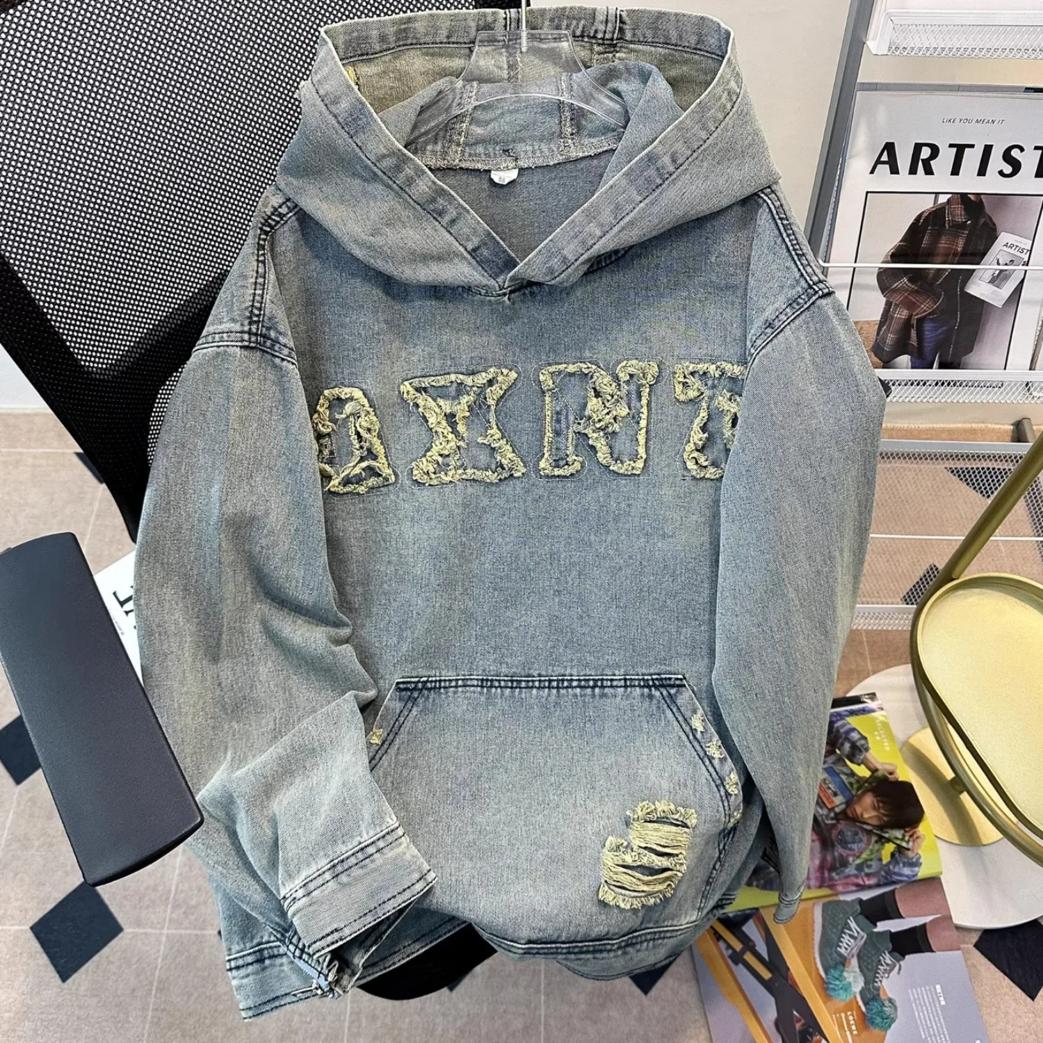 

Large Size Denim Jaet for Couples Autumn Winter Break Hole Embroidery Sweatirt Loose Hooded Jaet Trendy ex Outerwear