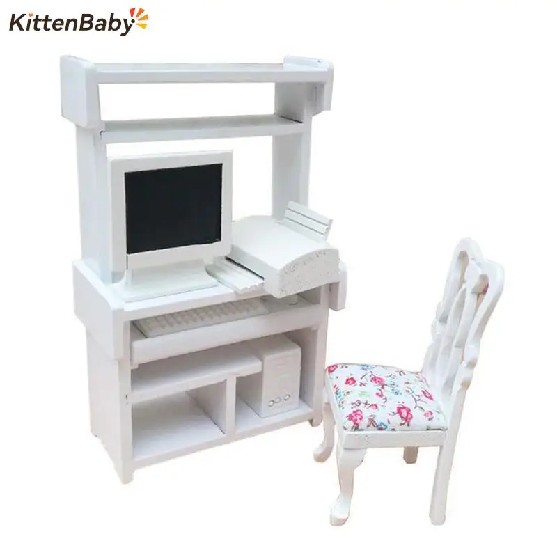 Wooden 1:12 Miniature Dollhouse Small Computer Desk Furniture Model Accessories Doll House Simulation Decoration