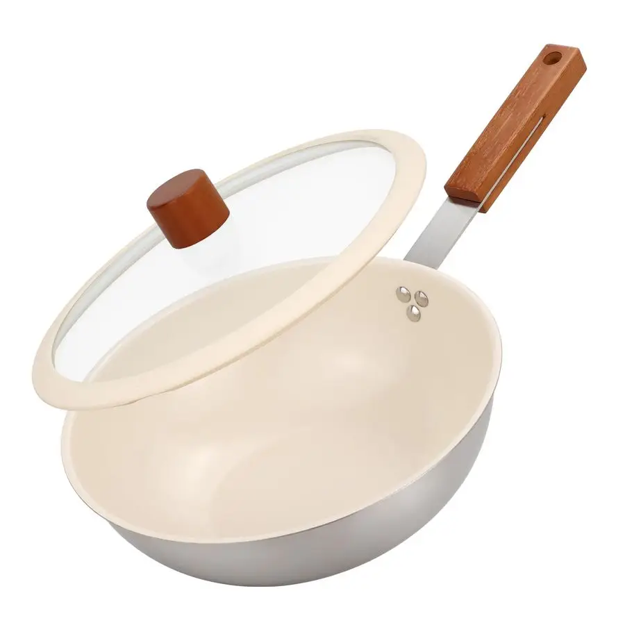 

Ceramic Wok with Lid, 9.5 Inch Stainless Steel Nonstick Stir Fry Pan with Wooden Handle, Compatible with All Stovetops, PFAS Fre