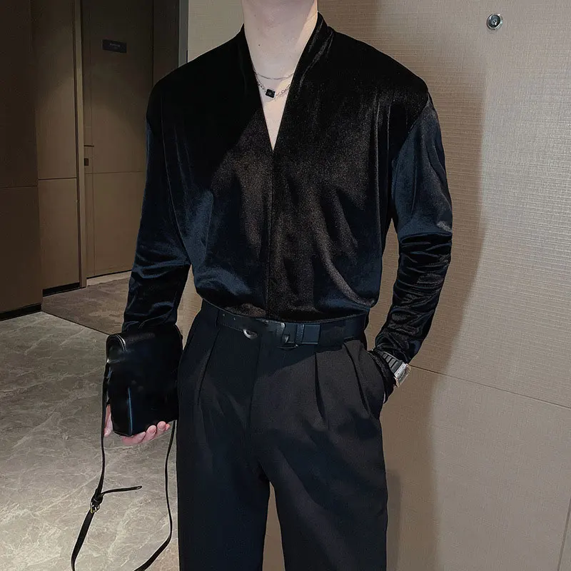 

Retro Velvet Shirt For Men Spring Autumn V-neck Long Sleeve Versatile Top Fashion Light Luxury Vintage Mature Shirts Streetwear