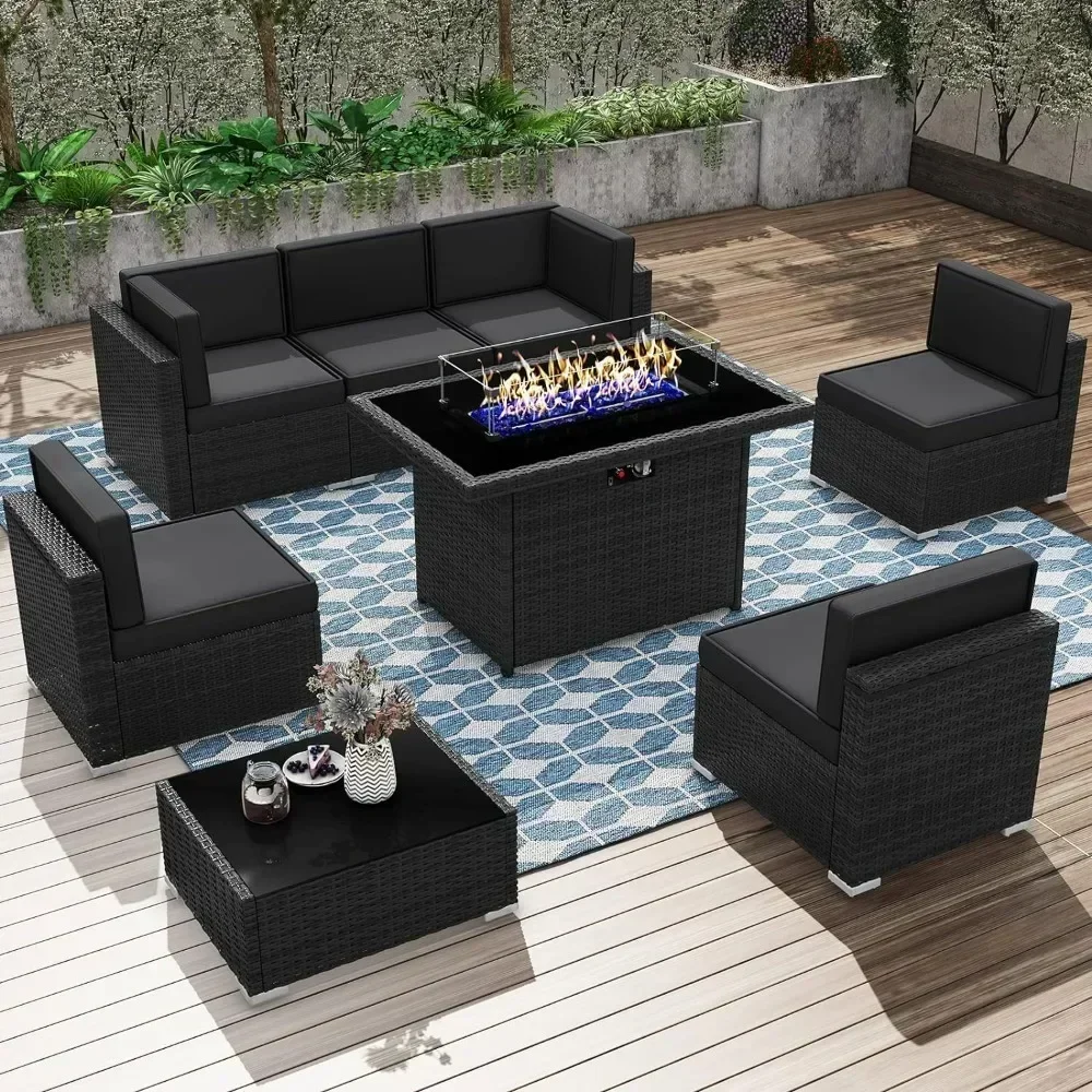 

/8 Piec Patio Furniture Conversation Sofa Set with 44" Propane Gas Fire Pit Table, Outdoor Sectional Black Rattan Wicker Sofa S
