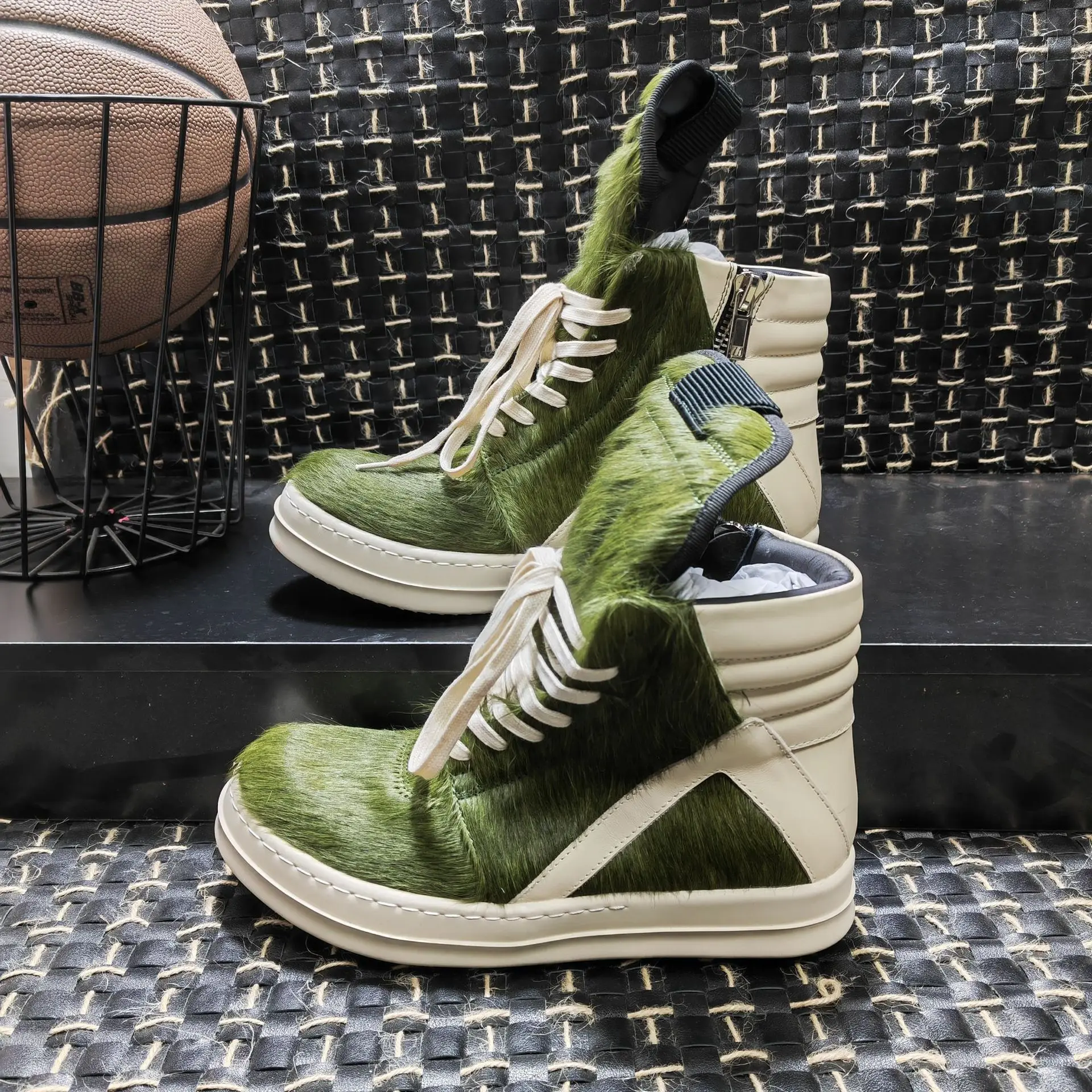 Handmade Green Horsehair Fur genuine Leather Platform Geo-basket Trainer Lace Up Boots