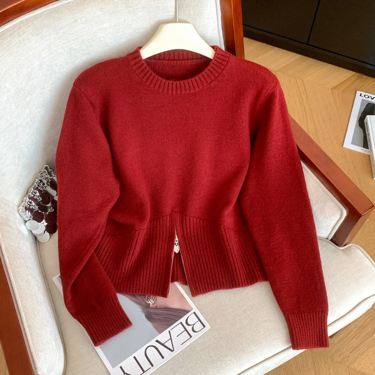 

Женский красный вязаный пуловер с круглым вырезом, рождественский свитер, винтажный джемпер, вязаный кашемировый свитер с длинными рукавами, осенне-зимняя одежда 2000-х годов