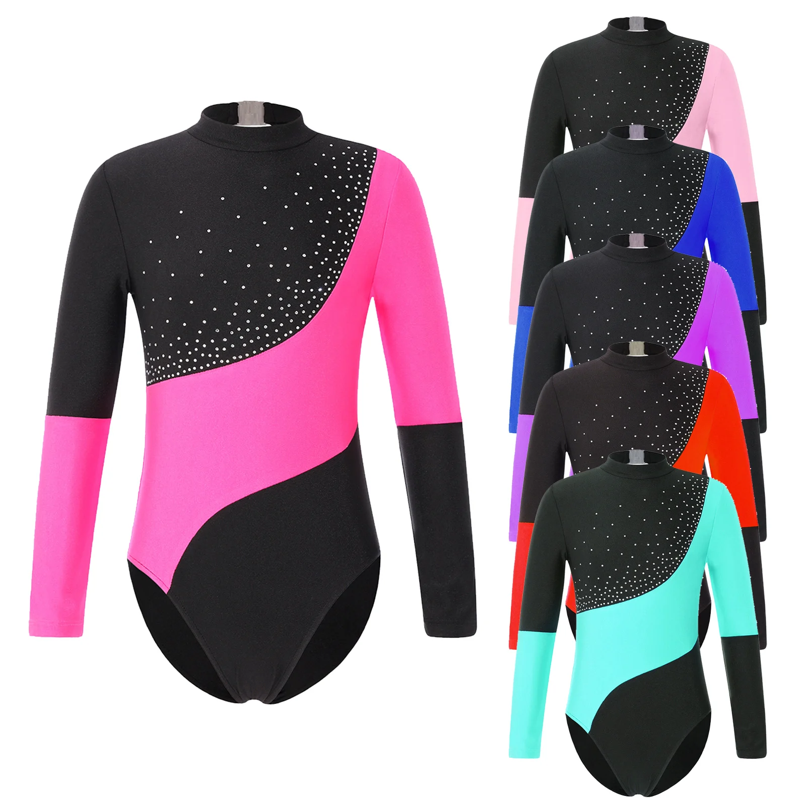 

Newest Ballet Leotards for Kids Girls Shiny Rhinestone Long Sleeve Contrast Color Hollow Back Bodysuit Gymnastics Dance Leotard