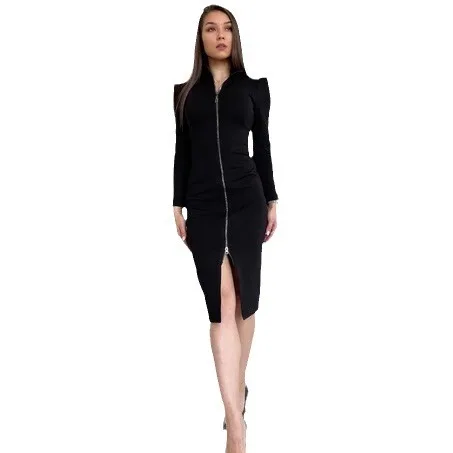 Office Lady Black Front Full Zipper manica lunga colletto alla coreana Slim Bodycon Midi Dress 2024 Fashion Streetwear abbigliamento Casual