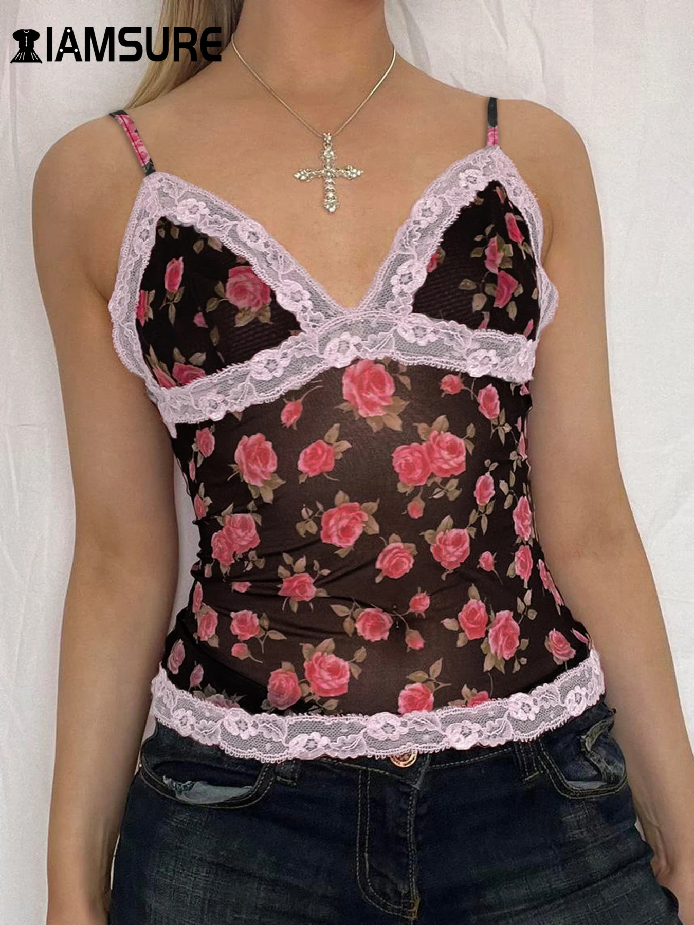 

IAMSURE Sexy Roses Patchwork Camis Top See Through Slim Deep V-Neck Sleeveless Crop Tops Women 2024 Summer Fashion Streetwear