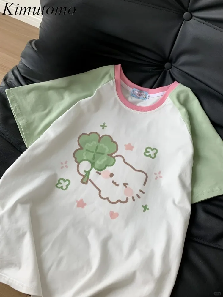 

Kimutomo Y2k T Shirts Women Cartoon Cat Printed Short Sleeve O Neck Loose Sweet Harajuku Tops Female Casual Japanese Style