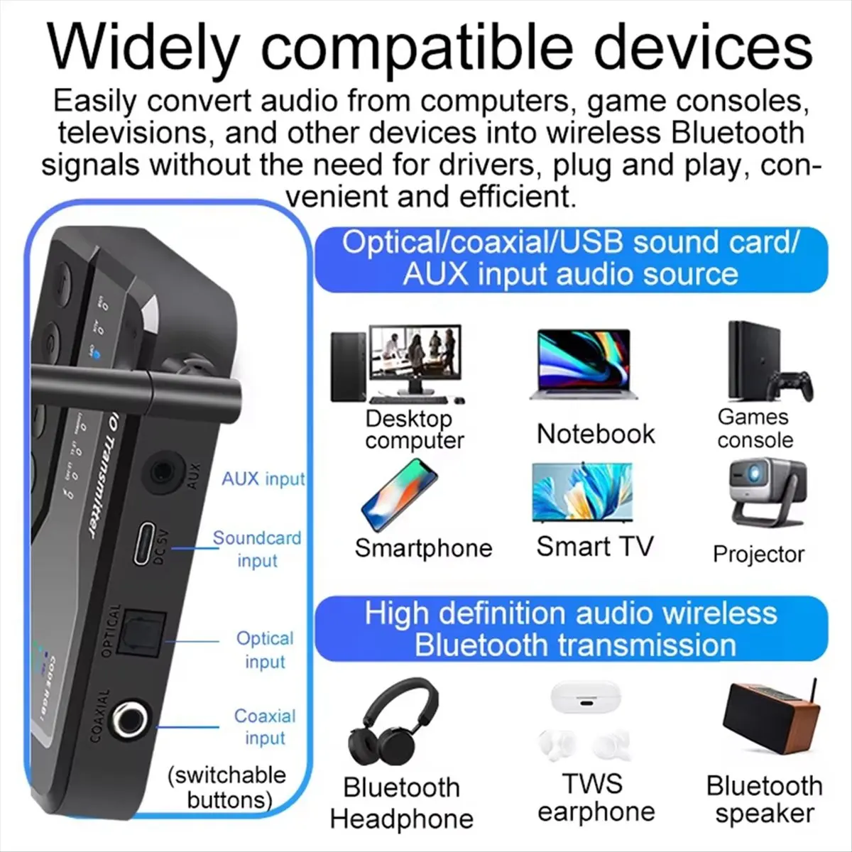 BT5.3 Audio Transmitter Distance Adaptive/HD LC3 Wireless Broadcast 1 to N Receiver OTG USB Toslink Coaxial AUX EU