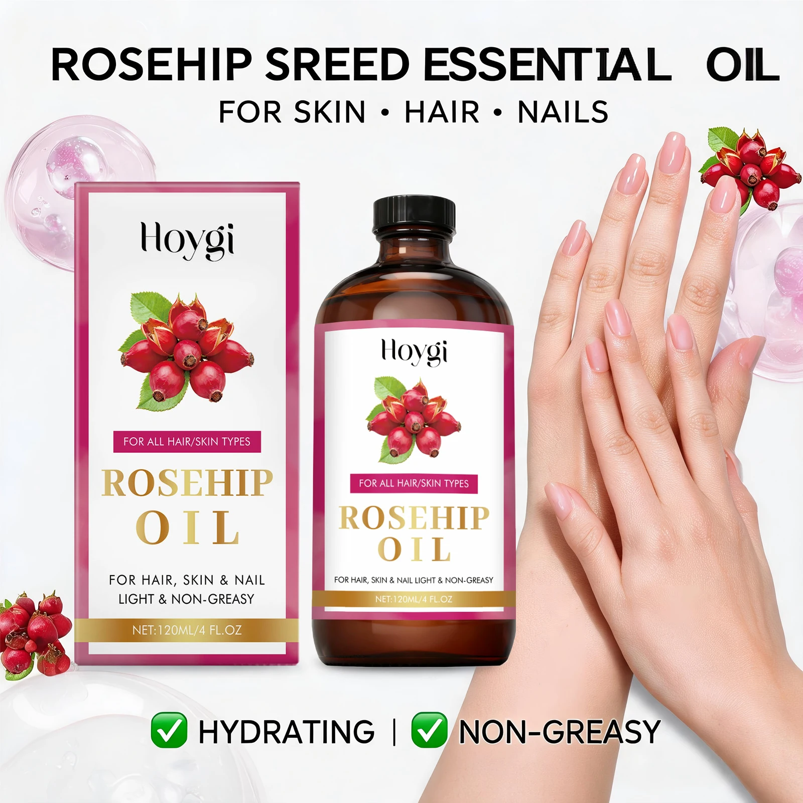 Rosehip Seed Soothing Essential Oil for Hair, Skin & Nail Rejuvenate Skin Hydrating & Repairing Hair Moisturizing Massage Oil view 6