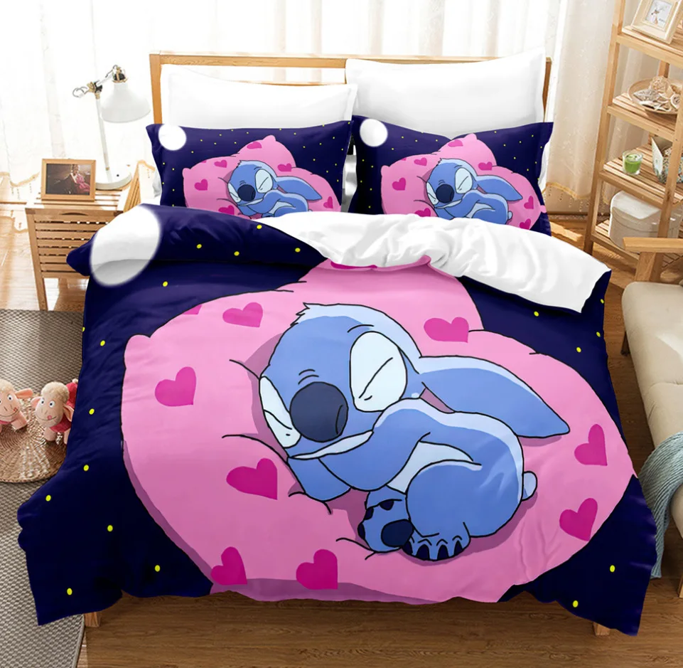 Anime Disneys Cartoon Bedding Set Kawaii Stitch Printed Quilt Duvet Cover Pillowcase Kids Bed Comfortable Bed Set Twin King