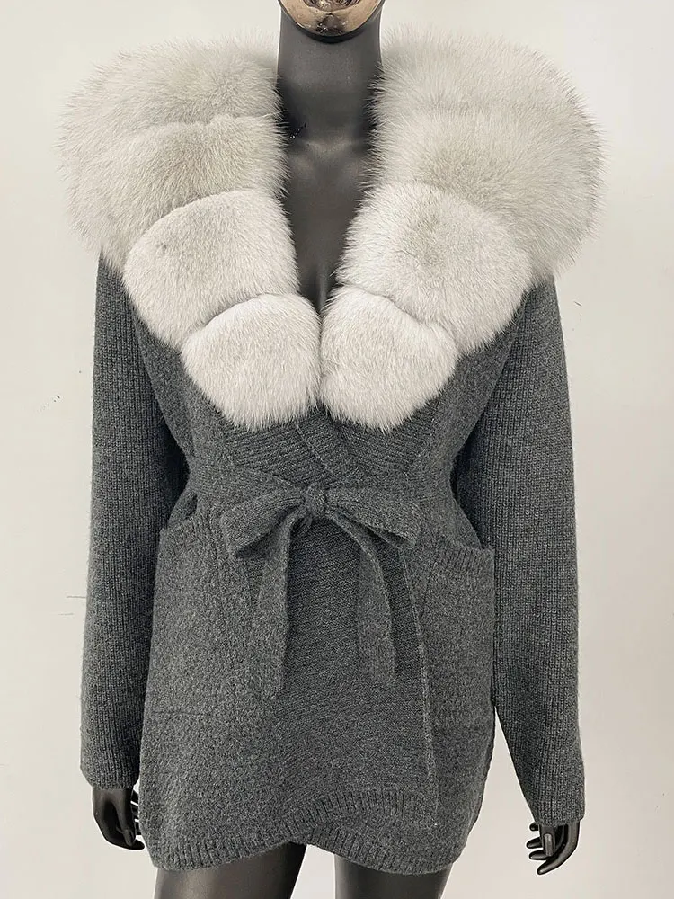 2025 Spring Autumn Natural Fox Fur Sweater Belt Knitted Oversized Knitted Cardigan Women Solid Real Fur Knitwear Female