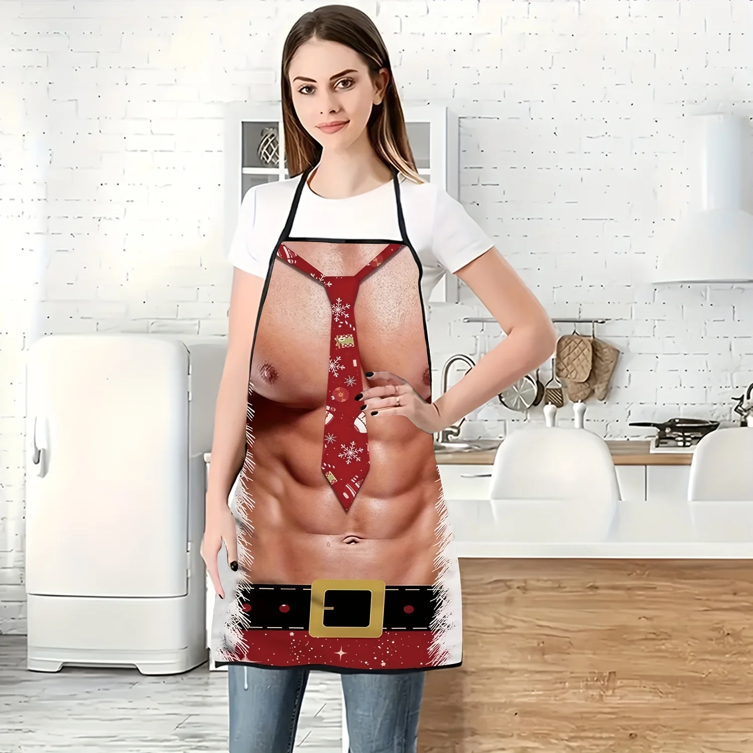 1pc Christmas Tie, Muscle, Belt, and Fringe Pattern Unisex Printed Apron, Chef Apron, Ideal for Kitchen Baking, Outdoor Barbecue