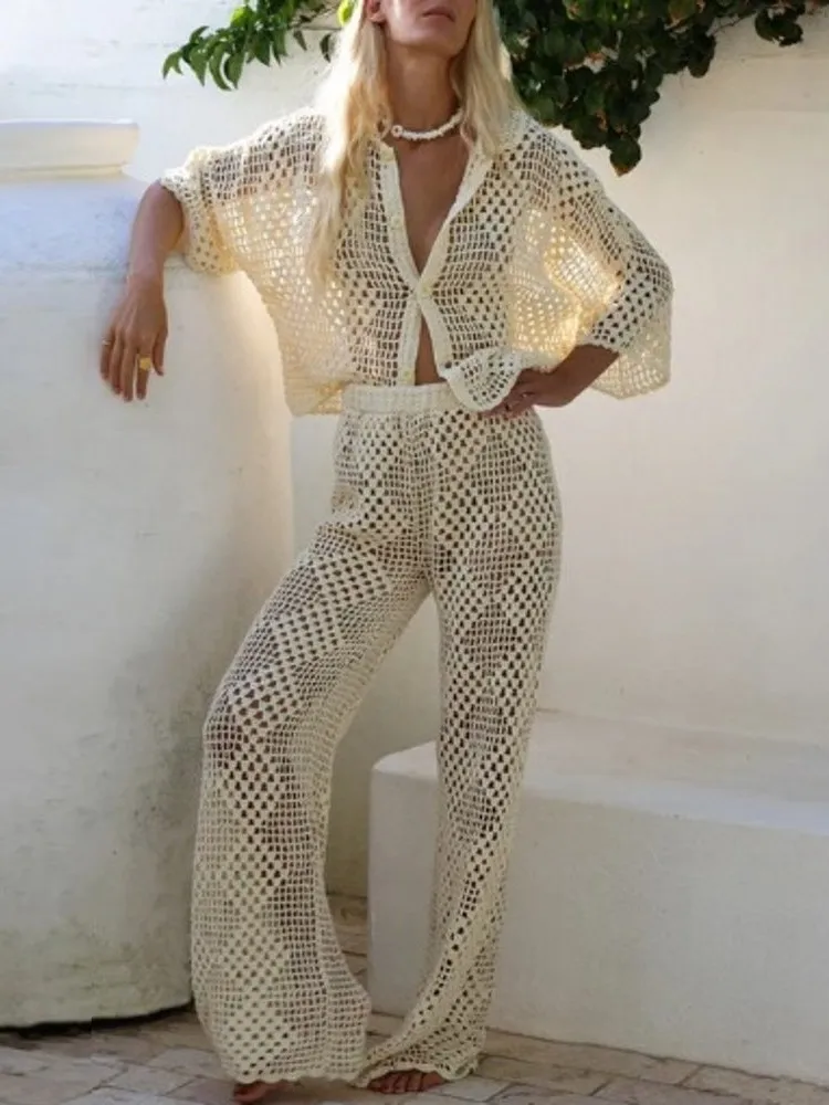 

2 Piece Sets Knitted Openwork Outfit For Women Summer Casual Beach Suits Loose Single Breasted 3/4 Sleeve Tops And Pants Sets