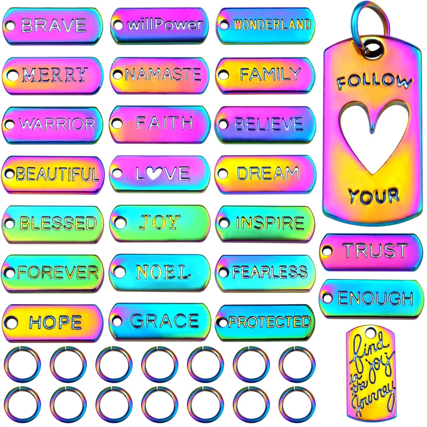 

25pcs Inspiration Words Charms Engraved Motivational Word Dangle Pendants with 25pcs Open Jump Rings for DIY Bracelet Necklace