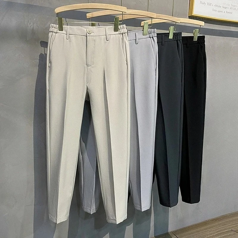 

2025 Spring Summer Men's Casual Pants Suit Pant Slim Fit Work Elastic Waist Jogging Business Trousers Male Black Plus Size 40 42