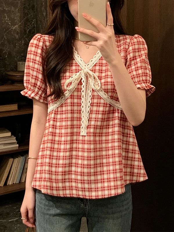 

plus Size Korean Plaid V-Neck Short Sleeve Shirt Women's Summer New Doll Shirt Anti-Aging Top Breathable Comfortable Skin-Fri...