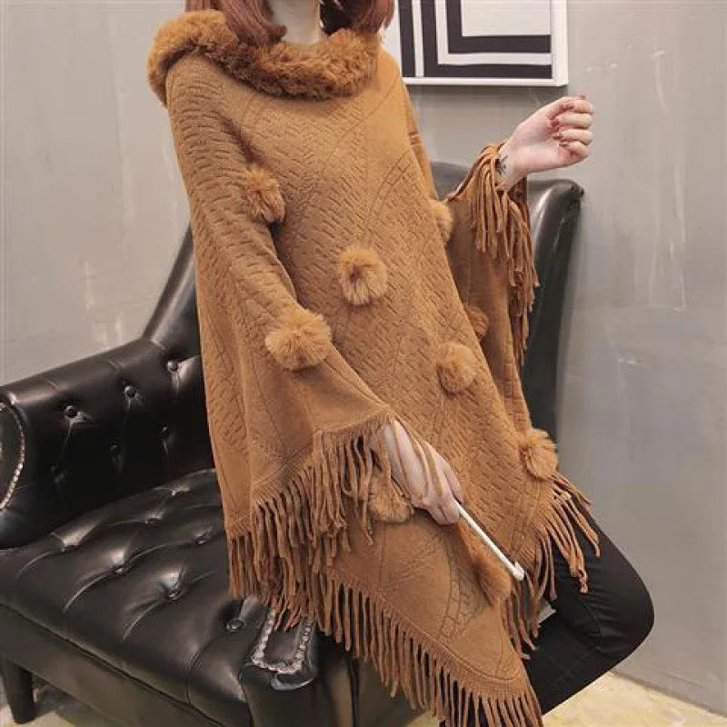 

Autumn Winter Imitation Rabbit Fur Ball Women's Coat Imitation Wool Collar Pullover Shawl Warmth Poncho Capes Yellow Cloaks