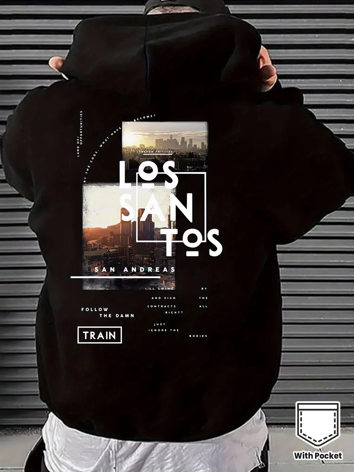 Sudadera con capucha de Los Santos, sudadera streetwear con gráfico de San Andreas City, jersey estilo jugador urbano, patrones impresos en la espalda, sudaderas con capucha para hombre