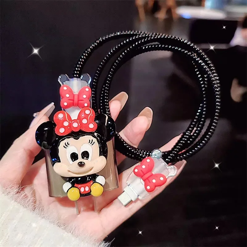 4pcs/set Cartoon Minnie Mickey Charging Data Cable Protector for iPhone 18/20w 12 15 14 Charger Protective Cover Winder Accessor