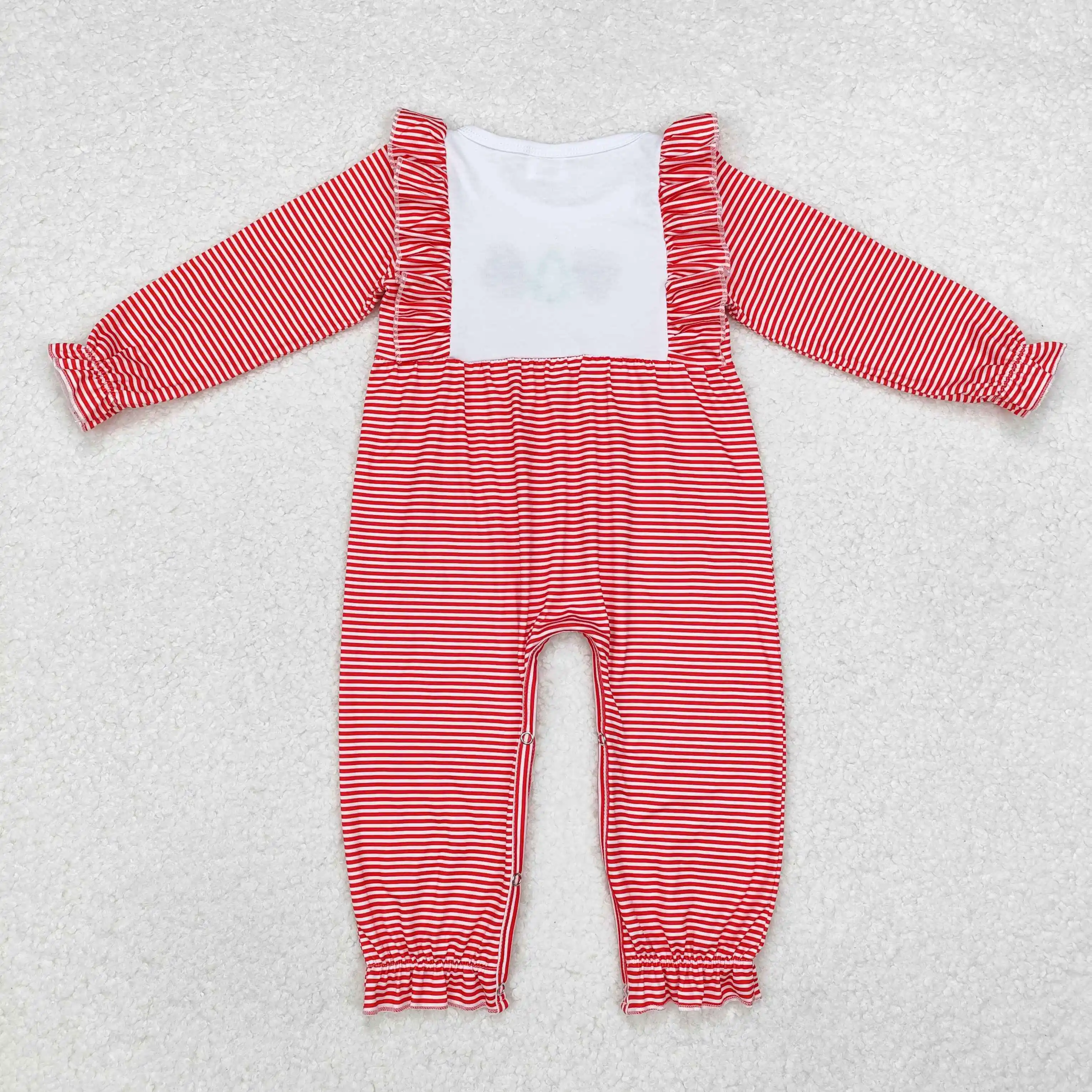 Wholesale Baby Girl Christmas Santa Kid Children Long Sleeves Stripes Jumpsuit Newborn Toddler Embroidery One Piece Romper