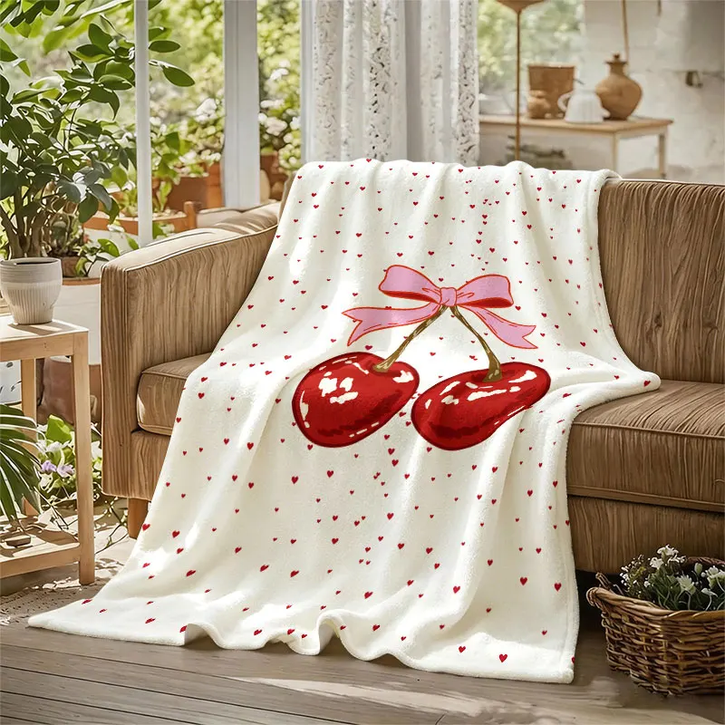 Cherry Bow Hearts Flannel Blanket Warm Soft Halloween Christmas Decorative Couch Warm Cozy All-Season Gift