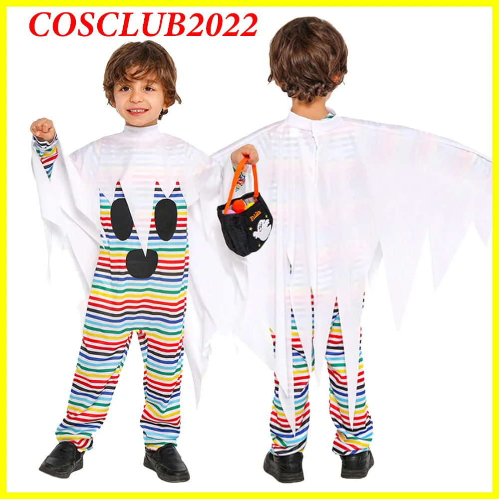 

Little Ghost Cosplay Jumpsuit Cloak Kids Children Stage Performance Color Bar Ghost Costume Cloth Halloween Party Disguise Suit