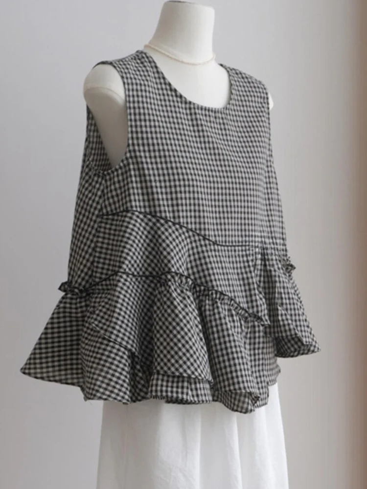

Женская летняя модная повседневная универсальная рубашка в стиле ретро с круглым вырезом, в черно-белую клетку, корейский стиль, стройнящая, с эффектом похудения