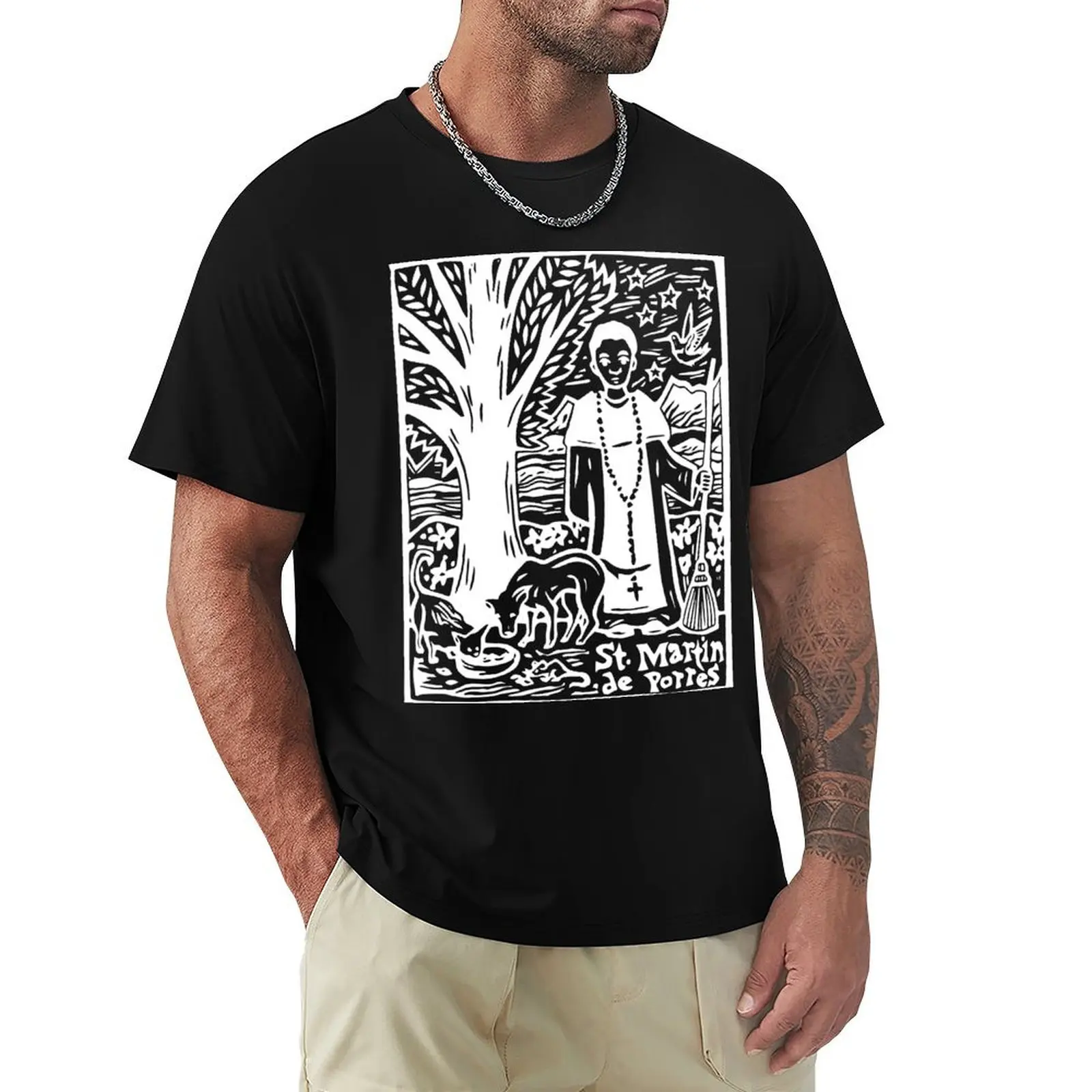 St. Martin de Porres Linocut Image- White Ink T-Shirt Plus Size Basic Short Sleeve Top