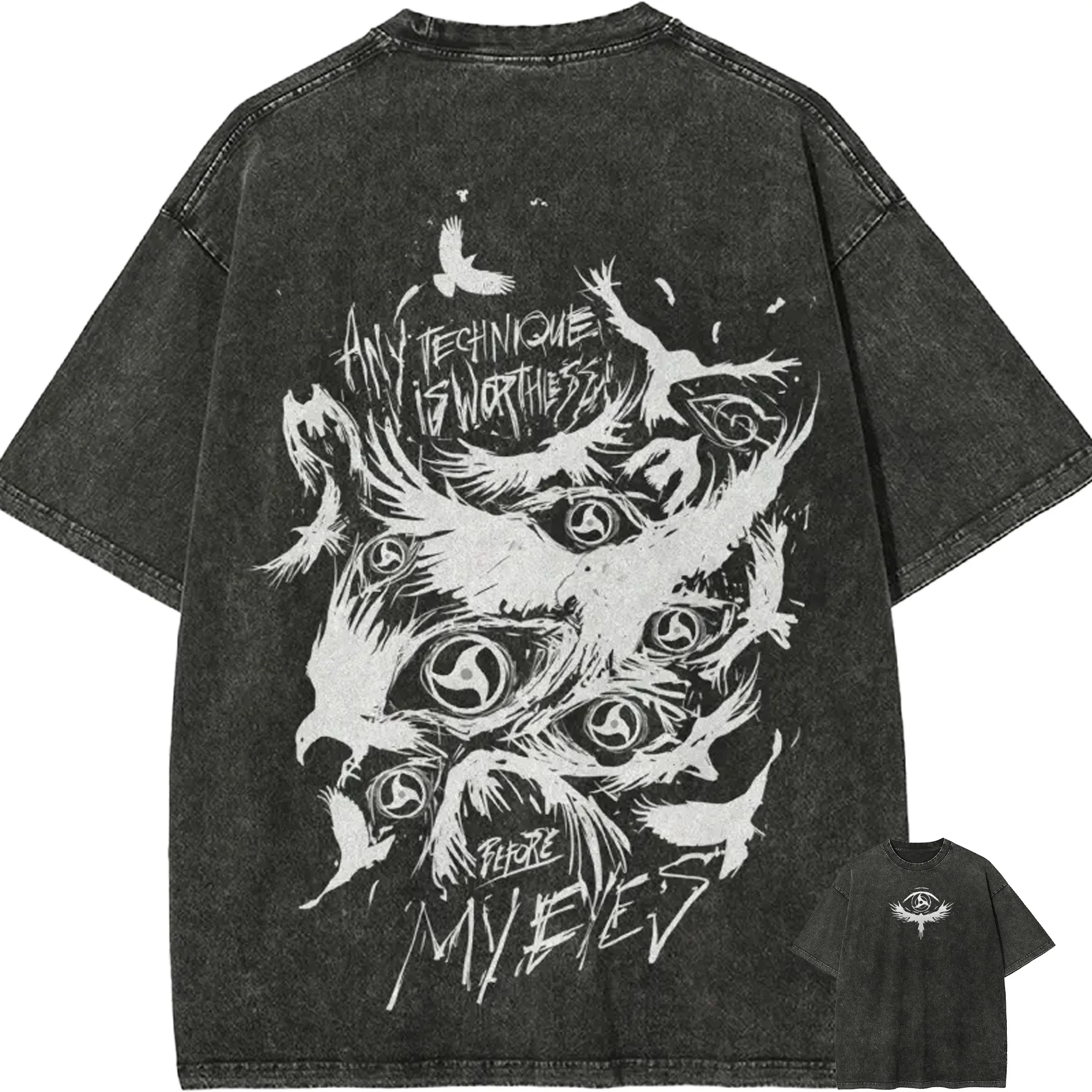 Camiseta Naruto Itachi Uchiha Sharingan Crow Vintage Acid Wash Streetwear Oversized Retro Anime Gráfico Algodón Hombre