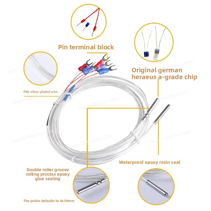 PT100 RTD Temperature Sensor Probe, Waterproof Grooved Platinum Resistance, 3-Wire System