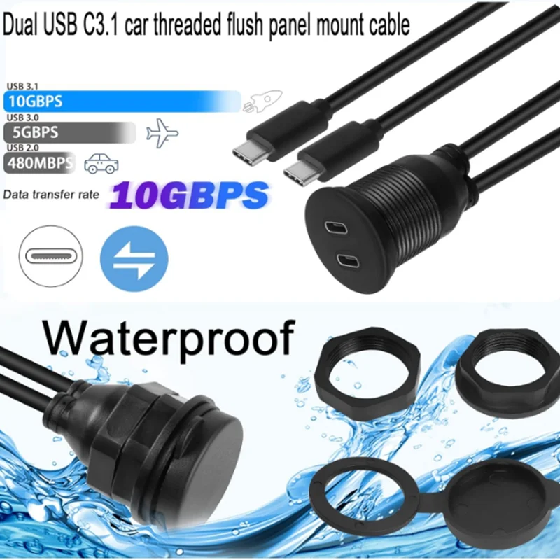 Car Dash Panel Mount Adapter Extension 1m Type C 3.0 and USB 3.0 Male to Female Flush Mount Cable Waterproof Kit Accessories