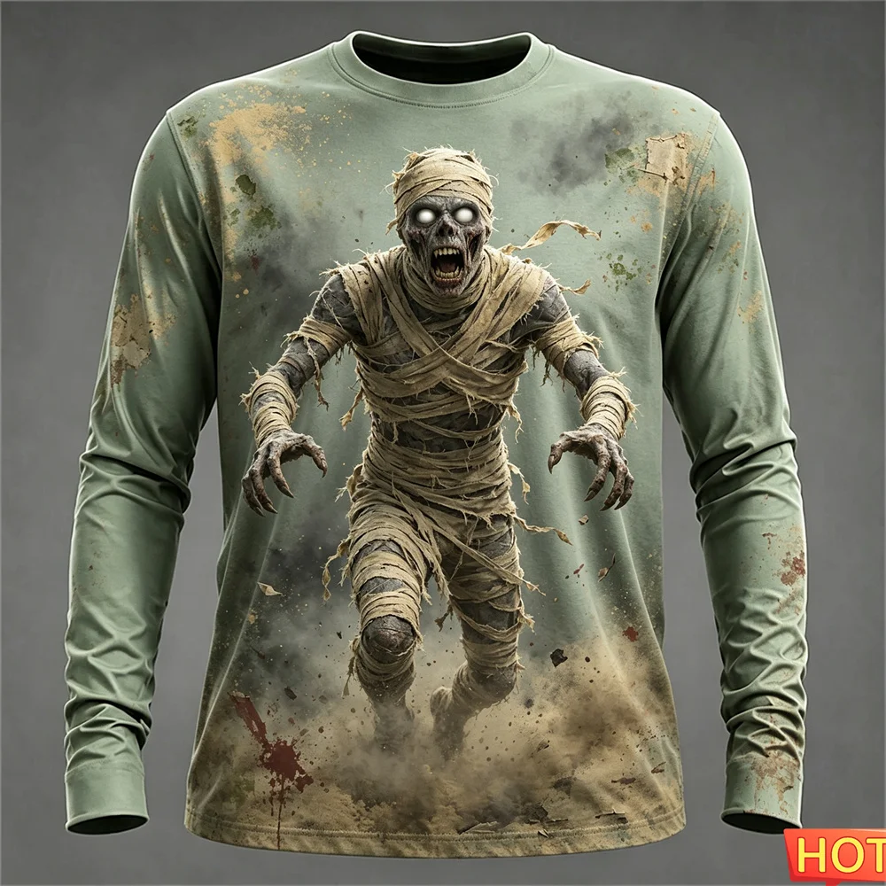 Autumn winter Men's Long sleeved T-shirts Halloween Funny Mummy Street T-shirt top Cotton Graphic Halloween Gift T-shirt for men